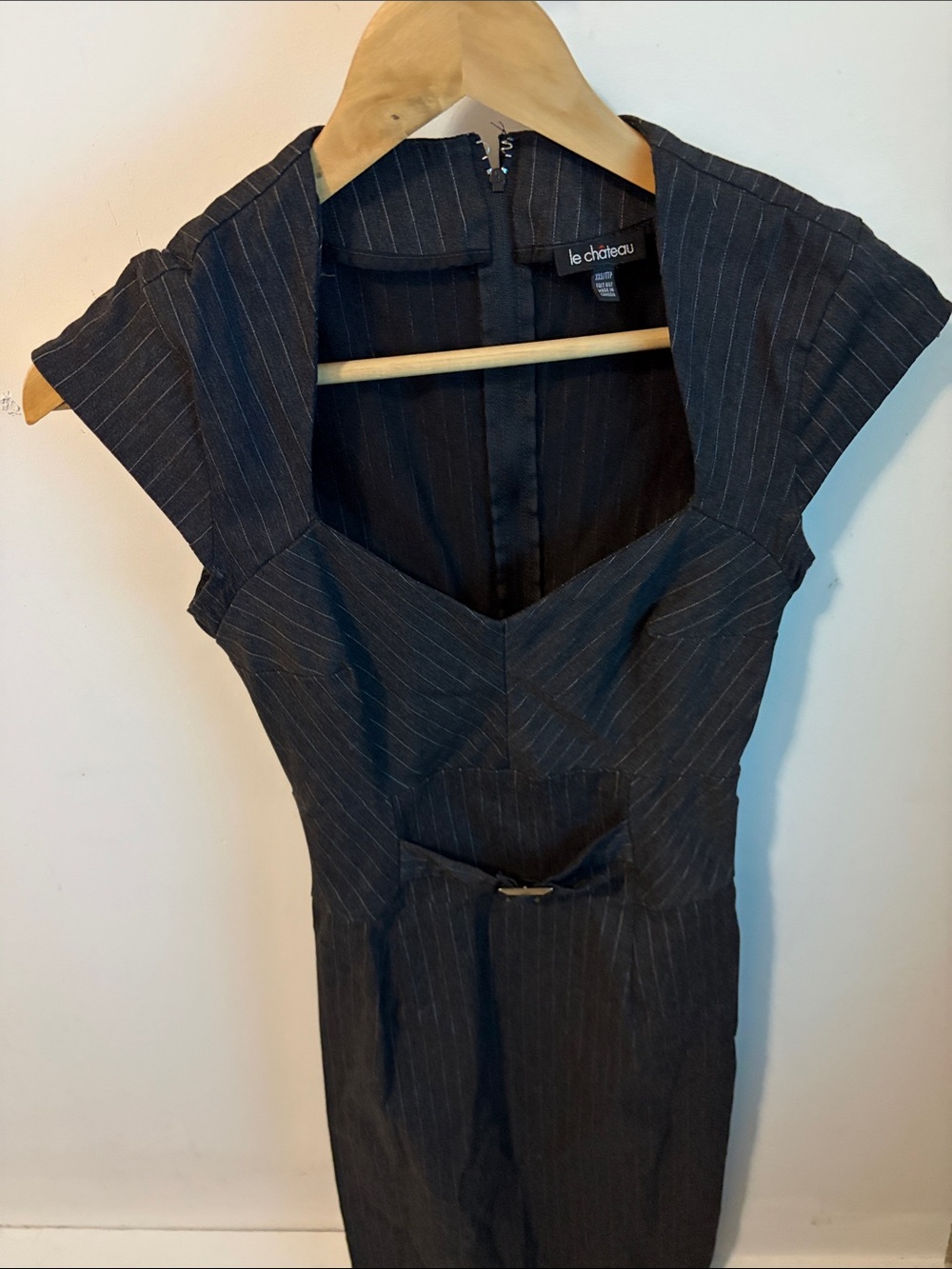le chateau Charcoal Pinstripe Cap-Sleeve Midi Dress